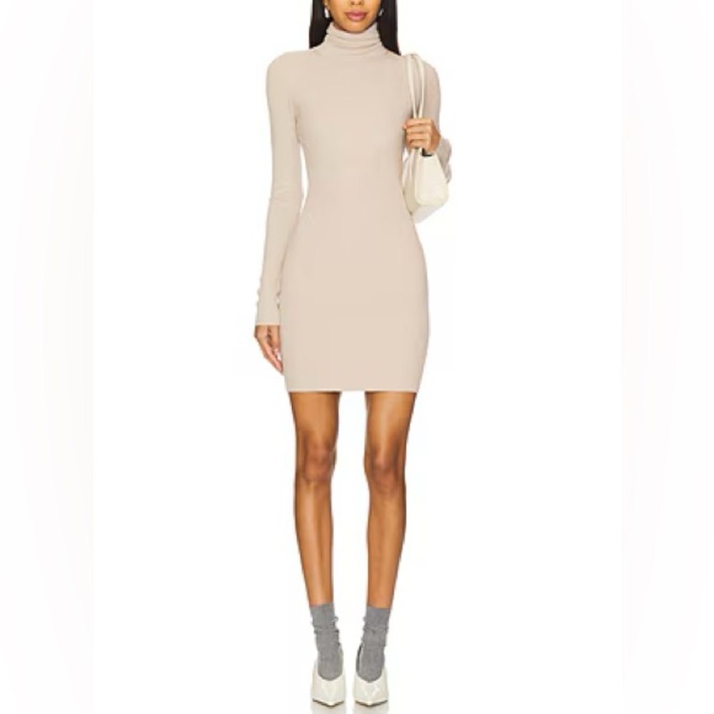 Enza Costa Long Sleeve Ribbed Silk Turtleneck Mini Dress Tan NWT Size Medium
